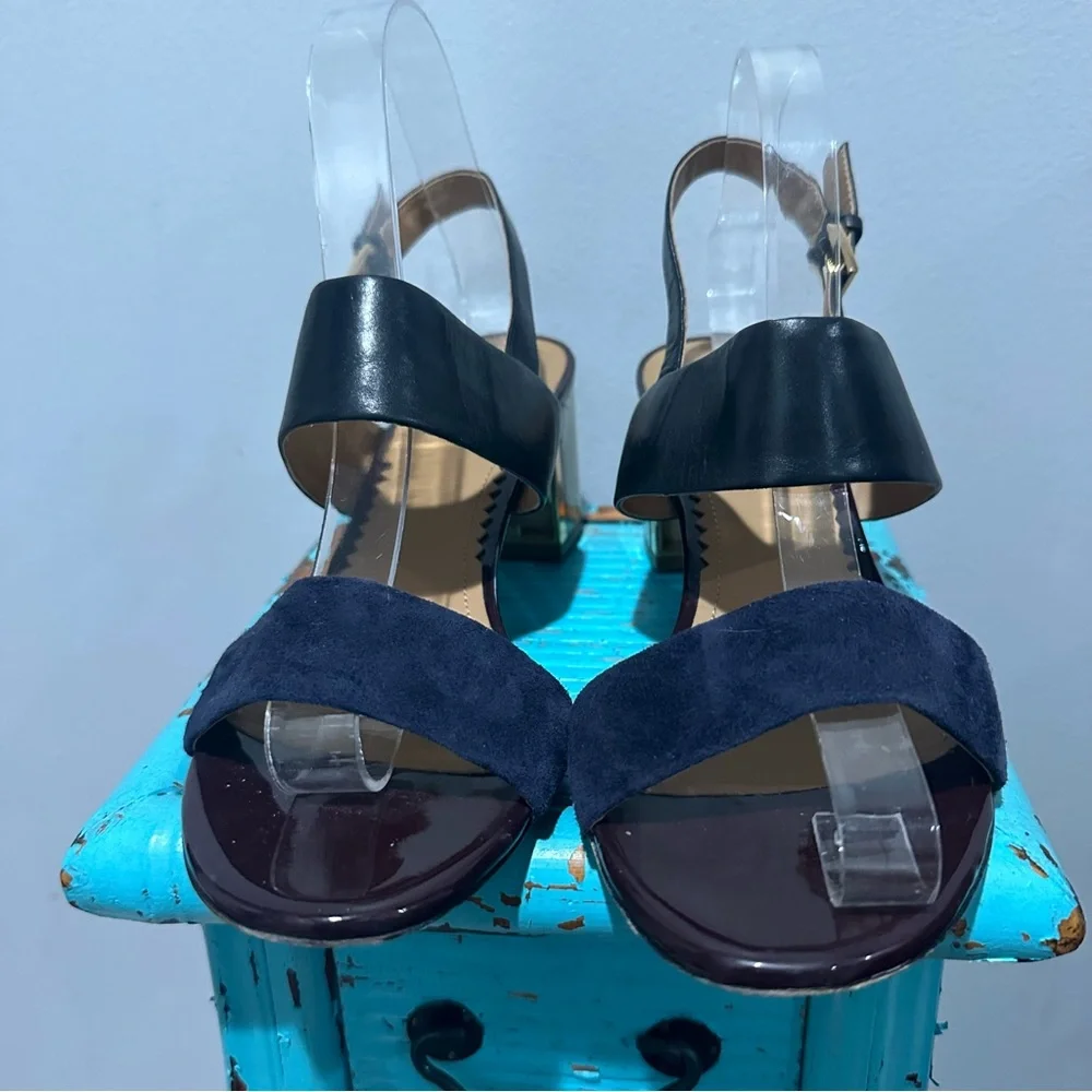 Tory Burch Gigi T Logo Black Midnight Blue Leather Sandal Size 9.5